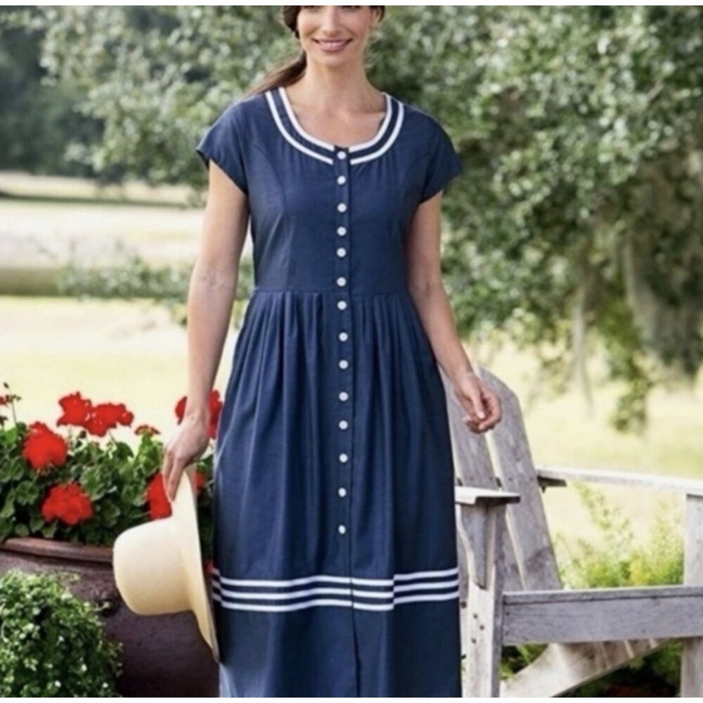 Lanz Of Salzburg Sailor Midi Dress Navy White Women's L Coastal Grandmother
